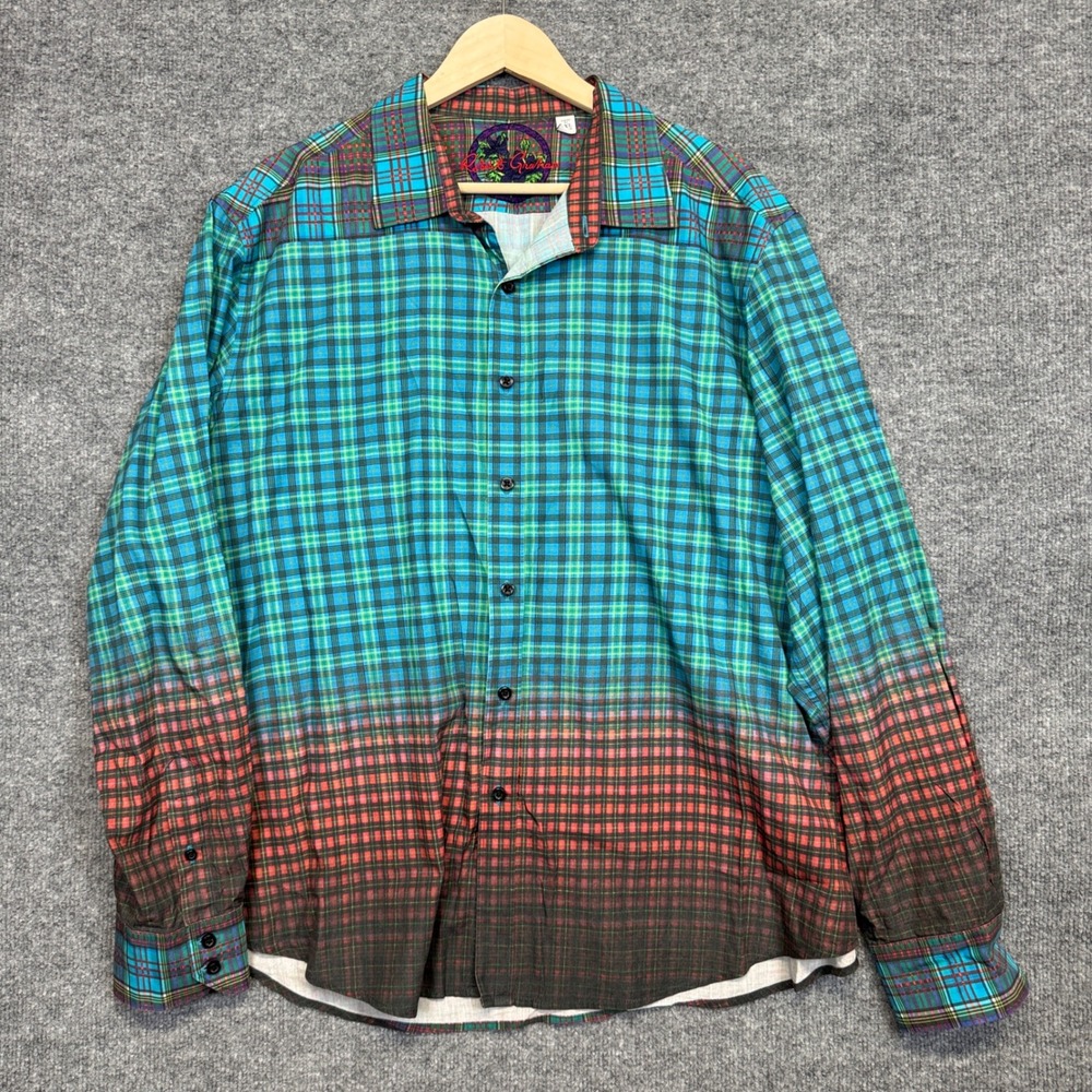 Robert Graham Mens Size 2XL Shirt Teal Ombre Plaid Cotton Classic Fit Nautical